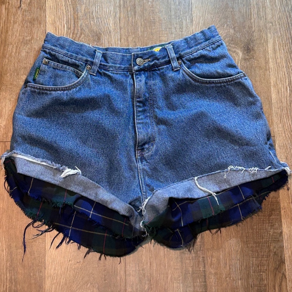 Cabelas Vintage Plaid Lined Denim Shorts High Waisted Cutoff Thrashed Blue Med